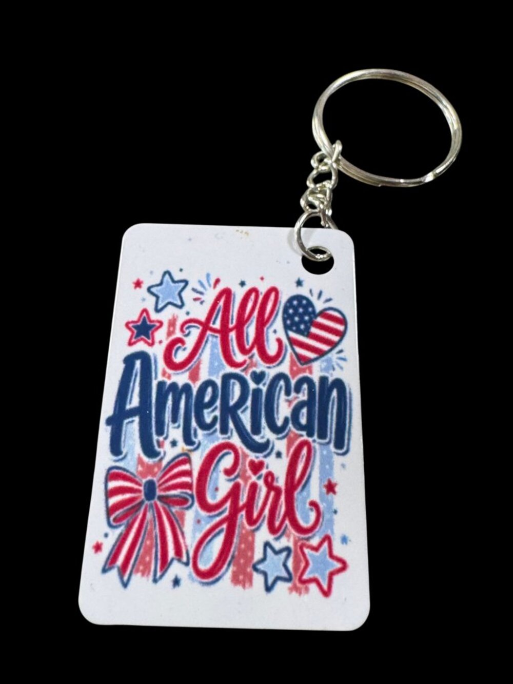 All American Girl Patriotic Metal Keychain, Red White and Blue USA Flag Design